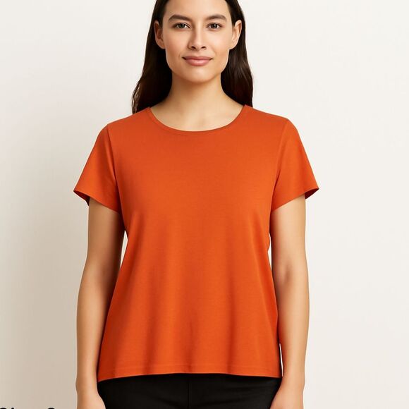 Eileen Fisher Orange Short Sleeve Stretch Tee | Size S - Picture 1 of 9